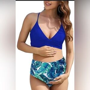 Maternity Two Piece Criss Cross Blue Swimsuit Bikini V Neck Size Small